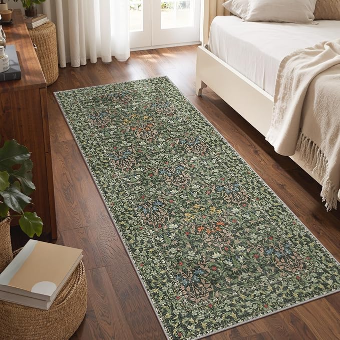 Bavni Boho Floral Kitchen Runner Rug 2x6, Washable Non Slip Thin Carpet for Hallway Bathroom Laundry Room, Ultra Soft Botanical Runner for Entryway, Modern Indoor Floor Decor, Emerald Green