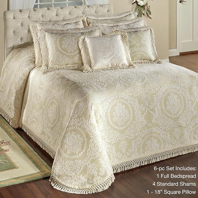 Timeless Vintage Style Bedding | Neutral Sage and Ecru | Textured Matelasse Rose Medallions and Leaves | 6 Piece Lightweight Bed Set: Oversized Full Bedspread, 4 Standard Shams, & Square Accent Pillow