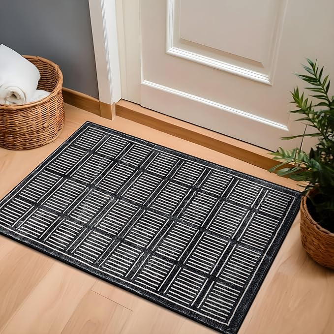 Rugshop Bohemian Stripe Lines Washable Non Slip Area Rug 2' x 3' Black