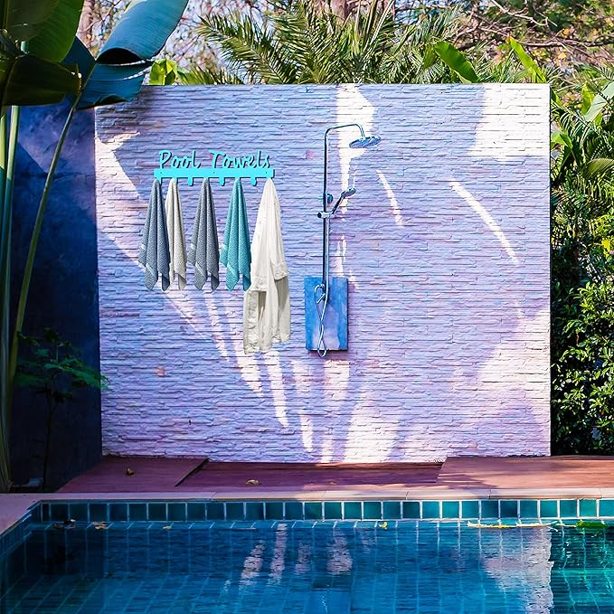 Pool Towel Rack for Bathroom Wall Mount Towel Hooks Towel Holder Carbon Steel Hanger Organizer Indoor Outdoor for Robe, Towel, Coat, Swimsuit, Umbrella, Bag, Keys(Blue)