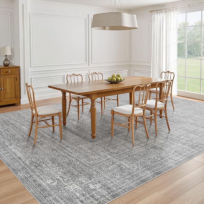 7x9 Area Rug Living Room: Washable Large Vintage Grey Rug Neutral Non-Slip Soft Stain Resistant Indoor Carpet for Bedroom Nursery Dining Room Under Table Bed Home House Office Playroom