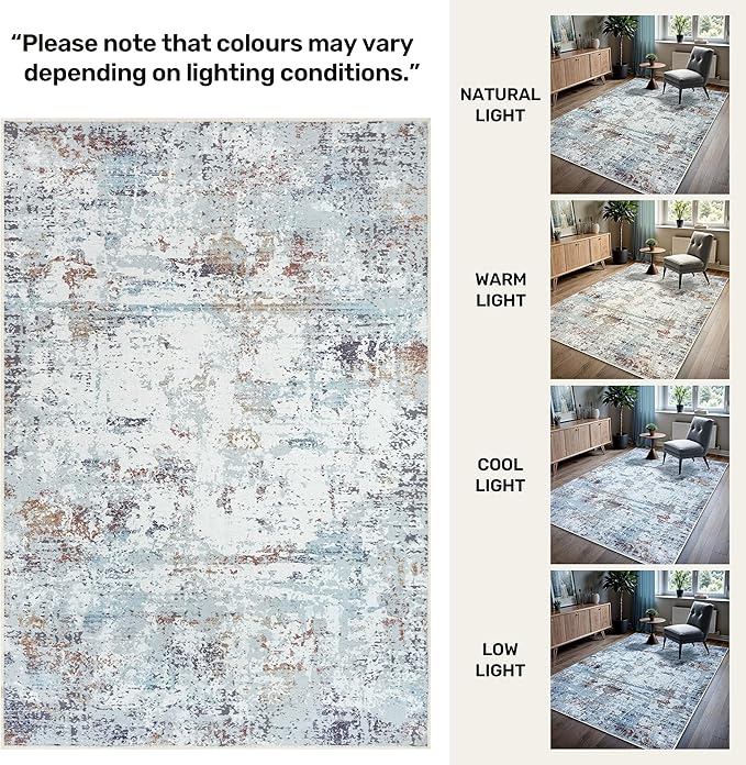 GLN Rugs Contemporary Collection - Machine Washable Area Rug, Contemporary Washable, Non Slip, Low Pile Chenille Rug, Living Room, Bedroom, Kitchen Rug (2'6" x 7' White/Grey/Blue/Brown)