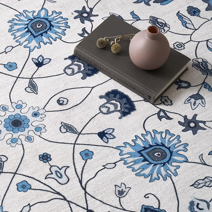 EVERGRACE Area Rugs for Living Room 3x5, Boho Floral Faux Wool Indoor Outdoor Rugs, Washable Rugs for Bedroom Entryway Dining Room Hallyway, Low Pile Floor Mat Carpet for Home Decor, Porcelain Blue