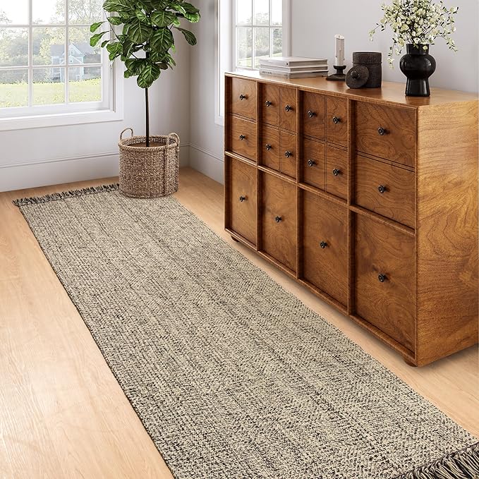 Collive Long Carpet Runners for Hallways 2.6x8ft, Washable Kitchen Rug Indoor Sink Rug, Natural/Black Woven Entryway Runner Rugs Low-Profile Front Door Floor Rug for Laundry Room Bedroom Outdoor Decor
