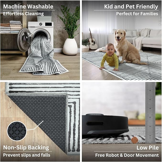 Bloom Rugs Washable Non-Slip 8' x 10' Rug - Black/Ivory Striped Area Rug for Living Room, Bedroom, Dining Room, and Kitchen - Exact Size: 8' x 10'