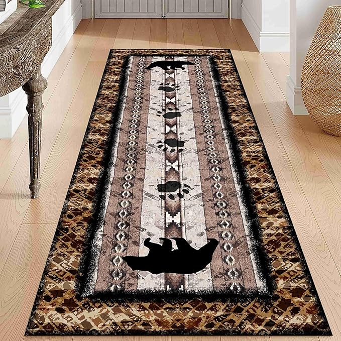 Unique Wildlife Runner Rug, 2.6x10ft, Bear Border Design Area Rug, Rustic Log Cabin Runner for Entryway, Rubber Backing Durable Floor Rug, Vintage Western Decoration, Fade-Resistant Print Carpet