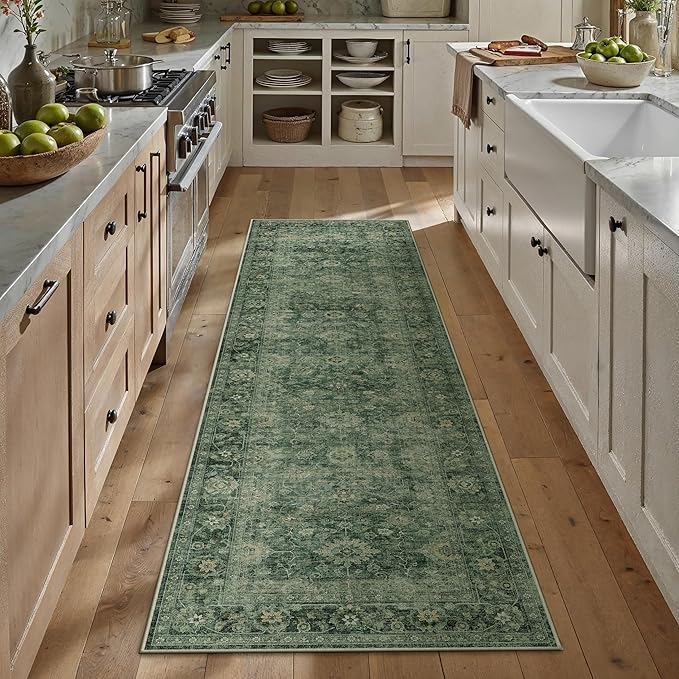 2x8 Washable Runner Rug for Kitchen Hallway Green Vintage Non-Slip Low Pile Distressed Rustic Carpet Lightweight Vacuumable Soft Long Throw Rug for Entryway Bedroom