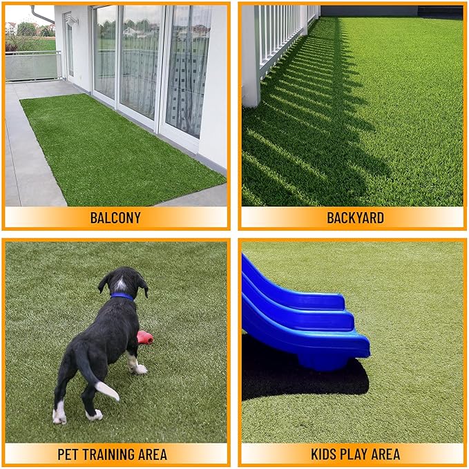 Ottomanson 6'6" x 30' Artificial Faux Grass Rug - Realistic Turf with UV Protection - Perforated for Easy Drainage - Durable, Hose-Off Synthetic Lawn Carpet for Indoor & Outdoor Use, Green