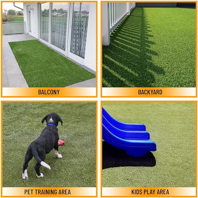 Ottomanson 2'7" x 5' Artificial Faux Grass Rug - Realistic Turf with UV Protection - Perforated for Easy Drainage - Durable, Hose-Off Synthetic Lawn Carpet for Indoor & Outdoor Use, Green