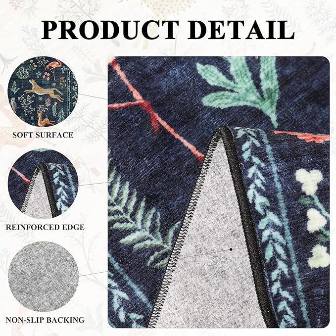 DUKINO 8x10 Rug, Washable Animal Living Room Rug with Non Slip Vintage Design, Soft Low Pile Large Carpet for Bedroom, Nursery, Dining Room, Farmhouse, Playroom, Navy Blue