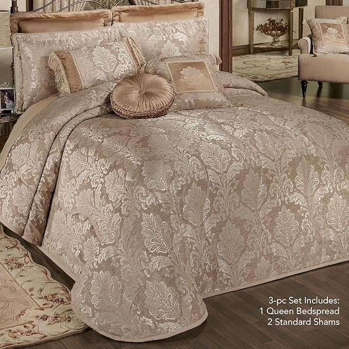 Touch of Class Camelot Luxury Bedding | Neutral Almond | Matte Satin Damask on Richly Textured Jacquard-Woven Chenille | Designed 3 Piece Set Includes Queen Quilted Bedspread & 2 Standard Shams