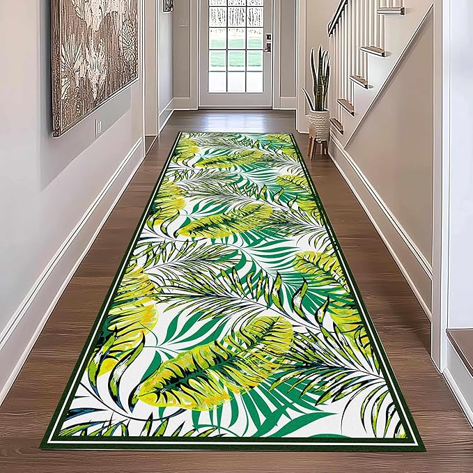 Green Botanical Tropical Leaves Rug 2.6x7ft - Non-Slip Washable Runner, Soft Durable Floor Mat for Hallway, Kitchen, Bedside, Entryway Home Decor
