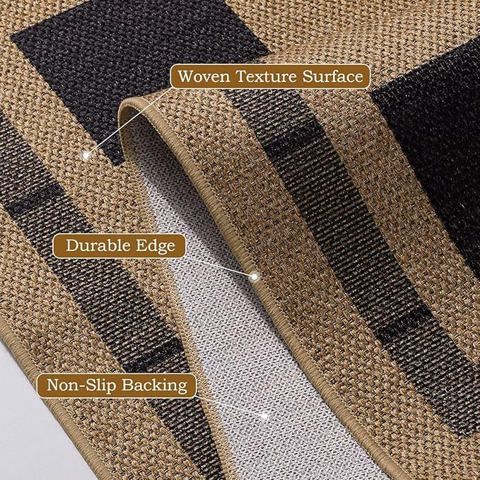 Vasofe 3x5 Plaid Rug, Jute Rugs, Washable Outdoor Indoor Checkered Carpets, Entryway Bedroom Potio Porch Kitchen Carpet, Non Slip Farmhouse Neutral Office Laundry Floor Mat, Black and Brown