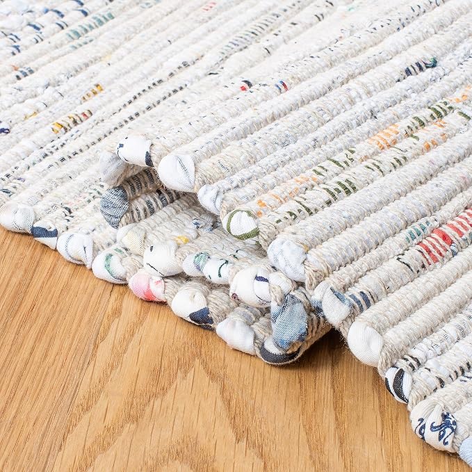 SAFAVIEH Rag Rug Collection Area Rug - 6' Square, Ivory & Multi, Handmade Boho Stripe Cotton, Ideal for High Traffic Areas in Living Room, Bedroom (RAR121G)