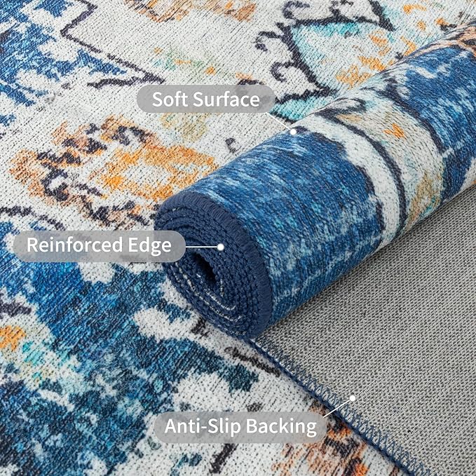 Easy-Going Area Rug 6x9 Washable Boho Rugs for Living Room Non-Slip Bedroom Rug Low Pile Lightweight Tangerine Vintage Throw Rug for Dining Room Kitchen Home Office Carpet, Floral Aqua Yellow