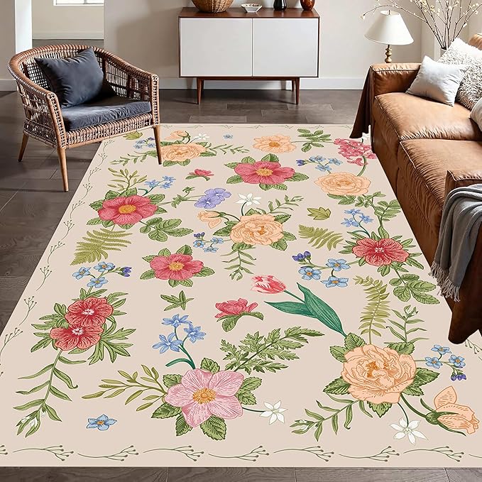 Rustic Flower Area Rug, 5x6ft, Classic Colorful Bohemian Floral Pattern with Beige Large Hall Botanical Rug, Non Slip No Crease Easy Care Girls Room Decor Carpet for Relax Room Bedroom
