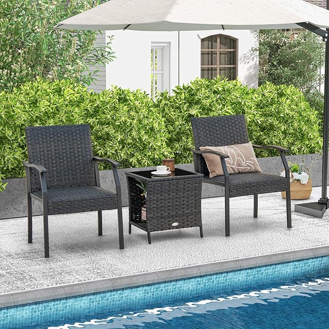 Tangkula 3 Pieces Patio Wicker Chair Set, Waterproof All Weather Resistant
