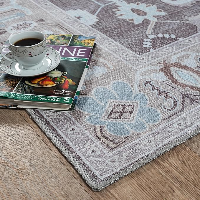 Fame Living Brown Oushak Rug, Modern Small Rugs, Vintage, Turkish, Eclectic, Floral, Pastel, Washable, Door Mat, Doormat for Indoor Entrance, Entryway, Kitchen, Bathroom, Bedroom, Laundry, 2'x3'