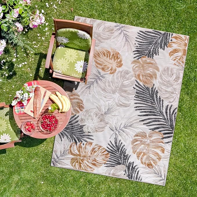 CAMILSON Indoor Outdoor Rug, Yellow 7’10”x10’ Leaf Tropical Botanical Area Rugs for Indoor and Outdoor patios, Easy-Cleaning Non-Shedding Living Room Garden and Kitchen Washable Outside Carpet (8x10)