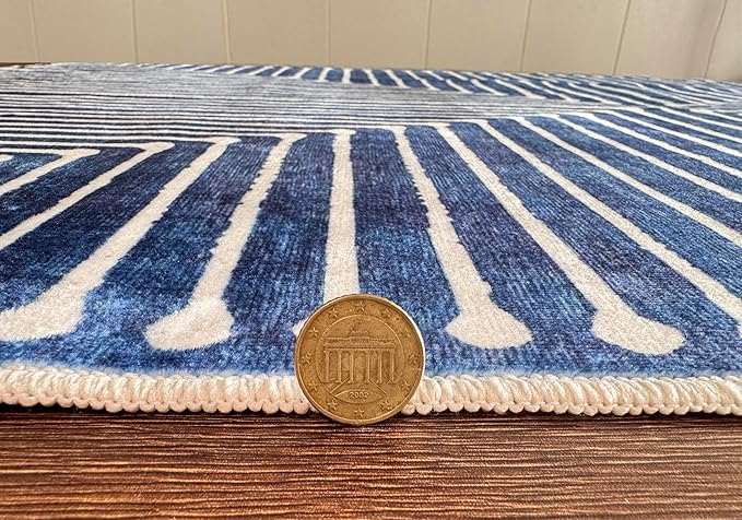 GLN Rugs Contemporary Collection - Machine Washable Area Rug, Contemporary Washable, Non Slip, Low Pile Chenille Rug, Living Room, Bedroom, Kitchen Rug (2'6" x 7' Lines Blue)