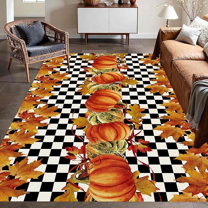 Pumpkin Area Rugs, 3x5ft, Fallen Leaves Autumn Harvest Pumpkins Black and White Checkered Rug, Ultra-Thin Rubber Non Slip Geometric Carpet for Living Room Playroom
