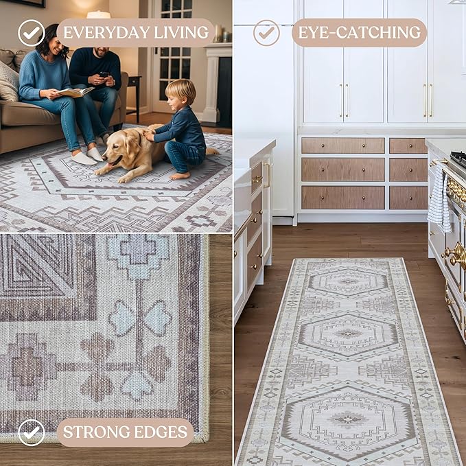 Fame Living Washable Area Rug. Modern Farmhouse. Vintage. Turkish. Bohemian. Distressed. Oriental. Traditional. Rugs for Living Room. Dining. Bedroom. Office. Entryway. Foyer. (856BrC, 2'5" x 6'5")