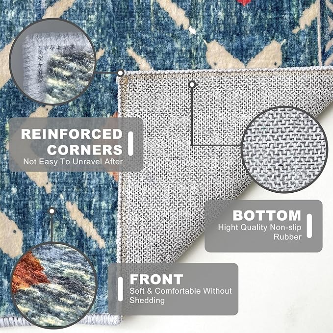 KILOCOCO Small Rug 2'x3' Entryway Rug Printed Moroccan Indoor Door Mat Machine Washable Non Slip Soft Throw Rugs for Bedroom Kitchen Entrance Geometric Boho Rugs, Teal/Blue