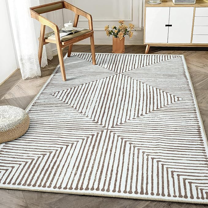 Bloom Rugs Washable Non-Slip 4' x 6' Rug - Brown Striped Area Rug for Living Room, Bedroom, Dining Room, and Kitchen - Exact Size: 4' x 6'