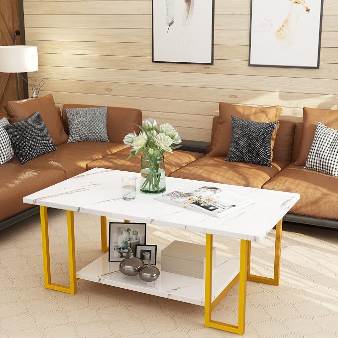 AWQM Marble Coffee Table, Faux Marble Top Rectangular Coffee Table