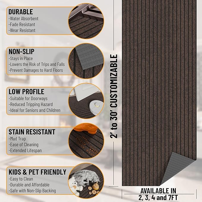 Ottomanson 2'7" x 39' Hallway Runner with Scraper Pile - Extra Durable Non-Slip Rug Mat for Indoor & Outdoor Use - Ideal for Kitchen, Entryway & Garage - High-Traffic Carpet, Brown