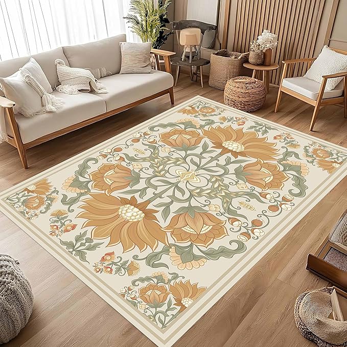 Abstract Sunflower Area Rugs, 6x8ft, Traditional Rustic Vintage Tropical Floral Theme Beige Farmhouse Boho Carpet, Shaggy Low Pile Fade Resistant Home Goods Rug for Living Room Kitchen
