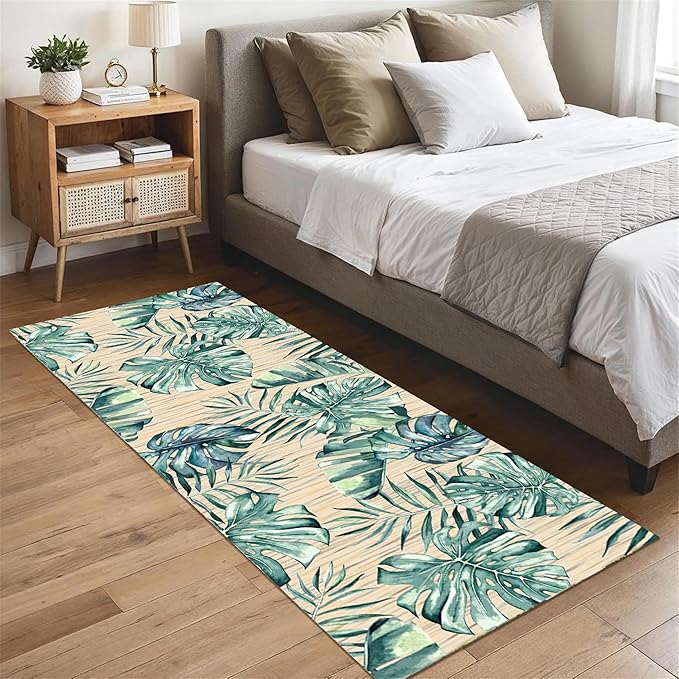 Tropical Palm Leaf Runner Rug 4x12 ft - Green Plant Pattern Non-Slip Rug, Stain Resistant Easy Clean for Hallway, Living Room, Bedroom Floor Mat