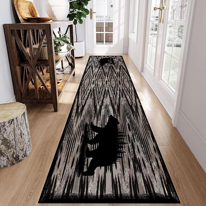 Rustic Cabin Runner Rug, 2x6ft, Vintage Lodge Wood Grain Wild Animal Black Bear Print Long Hallway Rug, Non-Slip Washable Carpet with Rubber Backing for Hallway Walkway Entry Foyer