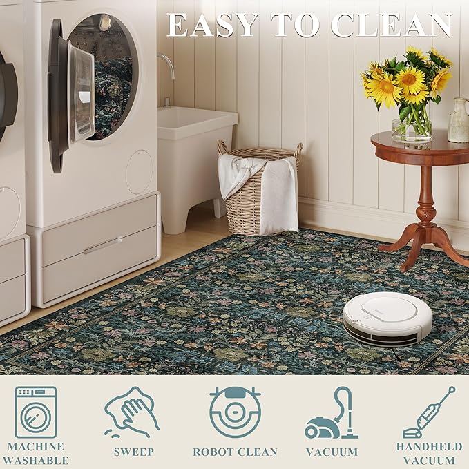 DUKINO 2x3 Entryway Rug, Floral Washable Area Rug with Non Slip Indoor Door Mat, Vintage Low Pile Small Front Door Throw Carpet for Kitchen, Entrance, Bathroom, Bedroom, Blue