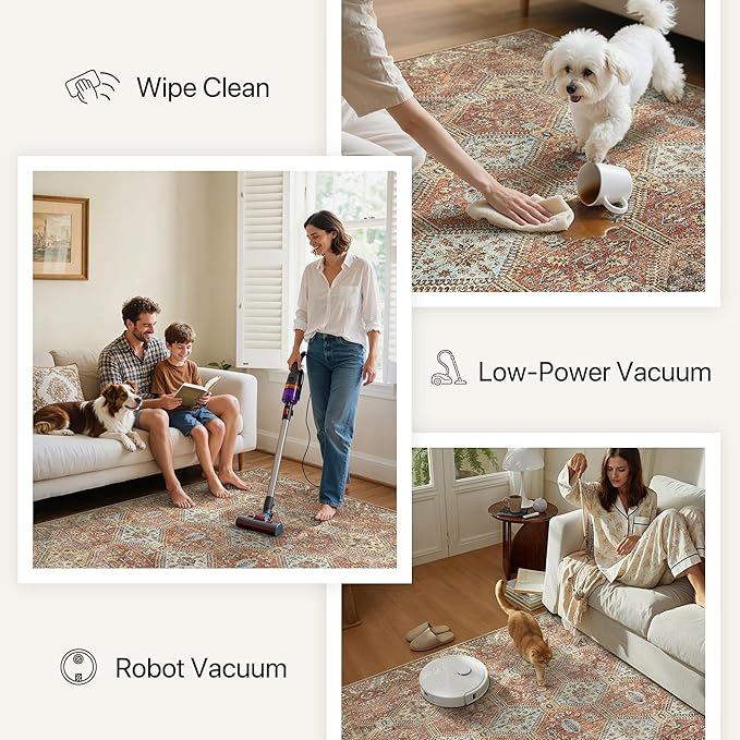 Bavni 8x10 Area Rugs for Living Room, Machine Washable Rug Non Slip, Vintage Chenille Distressed Print Carpet, Large Low Pile Ultra-Thin Lightweight Rugs for Bedroom, Dining Room, Office, Spice Sky