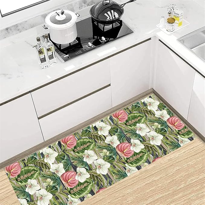 Runner Rug 4x10ft Non-Slip - Tropical Floral Watercolor Boho with Orchids & Leaves - Washable Entryway Carpet for Hallway, Bedroom, Dining Room - Green Pink Design