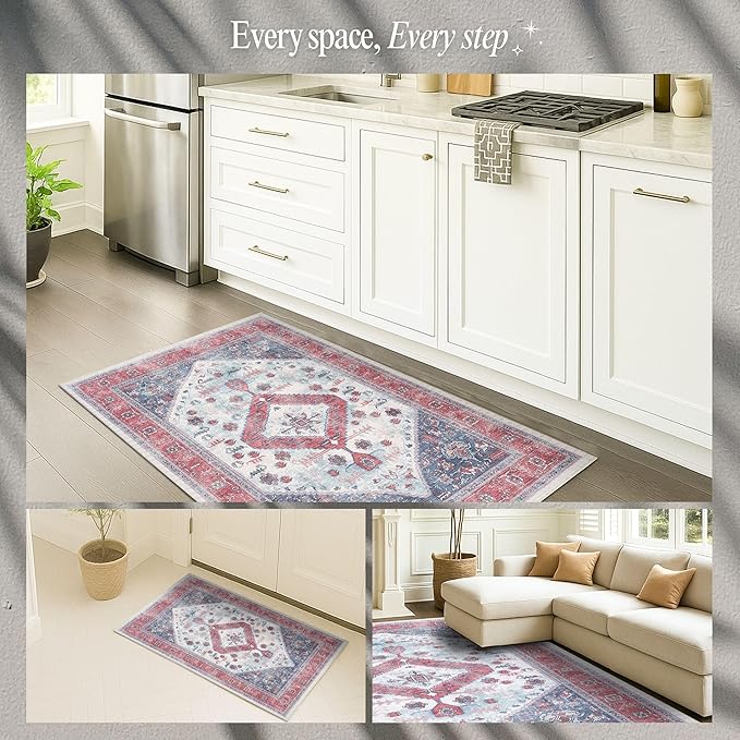 Fame Rugs Turkish Rug. Washable Vintage Oriental Antique Inspired Traditional Doormat Small Modern Area Rugs Luxury Entryway Entry Bedroom Bathroom Kitchen (402RN, 2'5 x 6'9)