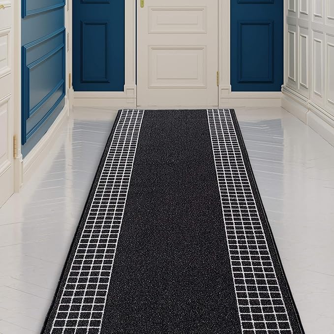Custom Made Runner Rug for Kitchen Foyer Hallway Entry Choose Your Length 31 Inch Wide Geometric Checkered Design Black Color (41 feet x 31 Inch)