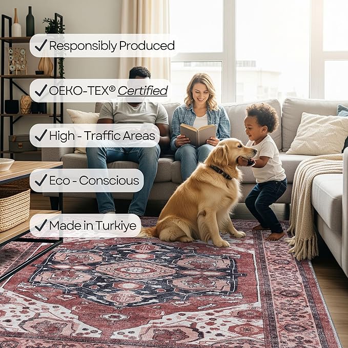 Fame Rugs Turkish Rug. Washable Vintage Oriental Antique Inspired Traditional Doormat Small Modern Area Rugs Luxury Entryway Entry Bedroom Bathroom Kitchen (404RR, 4'9 x 6'9)