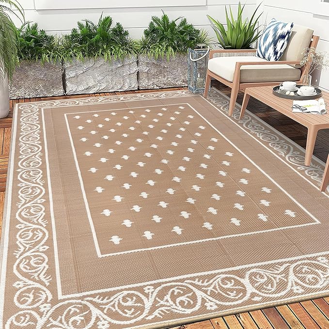 Pauwer Waterproof Outdoor Rug 8x10, Reversible Plastic Straw Patio Camping Rug, Indoor Outdoor RV Mat Carpet for Deck, Camper, Porch, Balcony, Backyard, Picnic, Bordered Beige