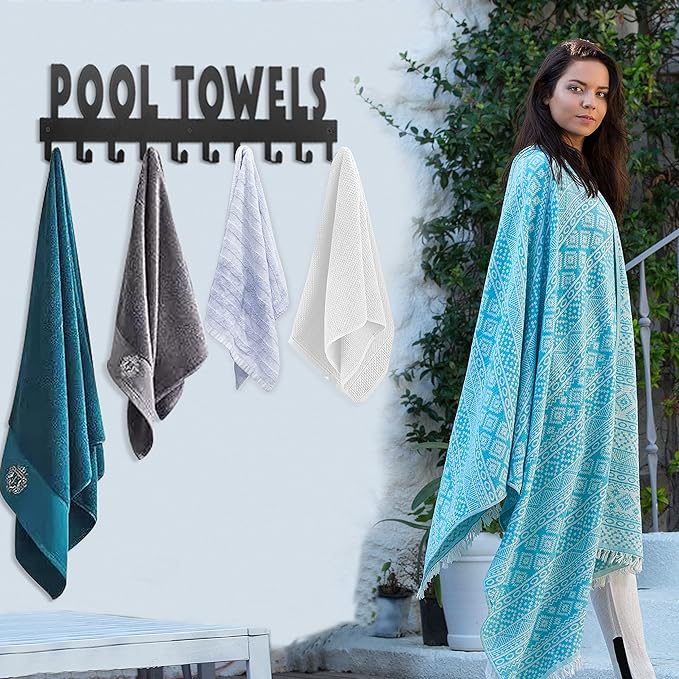 Pool Towel Rack Large Size 10 Hooks for Bathroom Wall Mount Towel Hooks Towel Holder Carbon Steel Hanger Organizer Indoor Outdoor for Robe, Towel, Coat, Swimsuit, Umbrella, Bag, Keys(Black