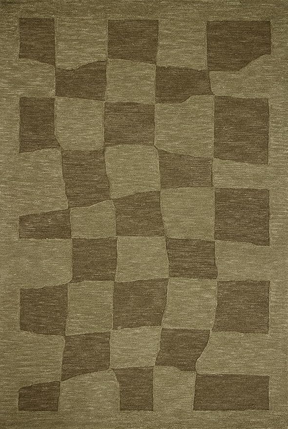 Loloi Leanne Ford Craven Collection CVN-03 Green/Olive 2'-6" x 7'-6" Runner Rug Checkered, Patterned, Neutral, Hallway, Kitchen, Mudroom, and Bathroom