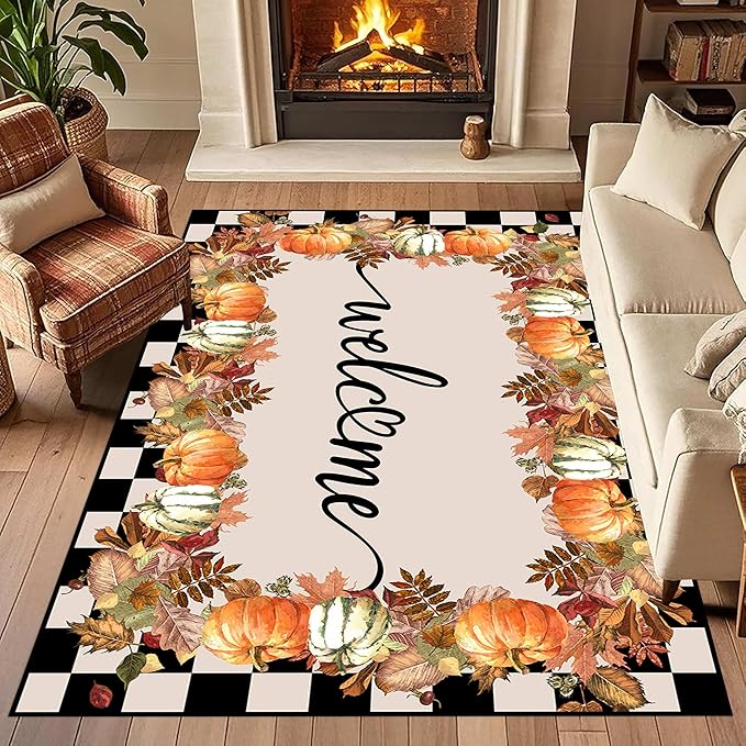 Checkered Area Rugs, 5x7ft, Black and White Check with Fall Leaves Pumpkin Autumn Harvest Carpet, Entrance Rubber Non Slip Breathable Fall Rug for Dining Room Laundry