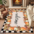 Checkered Area Rugs, 4x5ft, Black and White Check with Fall Leaves Pumpkin Autumn Harvest Carpet, Entrance Rubber Non Slip Breathable Fall Rug for Dining Room Laundry
