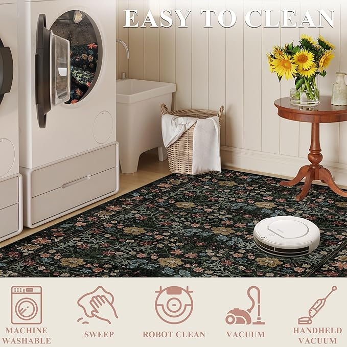 DUKINO 2.6x8 Runner Rug for Hallway, Washable Vintage Floral Kitchen Rug with Non Slip Backing, Soft Low Pile Throw Carpet Runner for Kitchen, Laundry, Hallway, Bathroom, Black