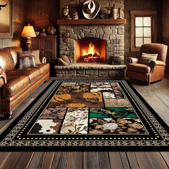 Floral Tropical Patchwork Area Rug 6x9ft, Vintage Black & Brown Country Carpet, Low Pile Non-Slip Mat for Cozy Bedroom, Dining Room, Farmhouse Decor