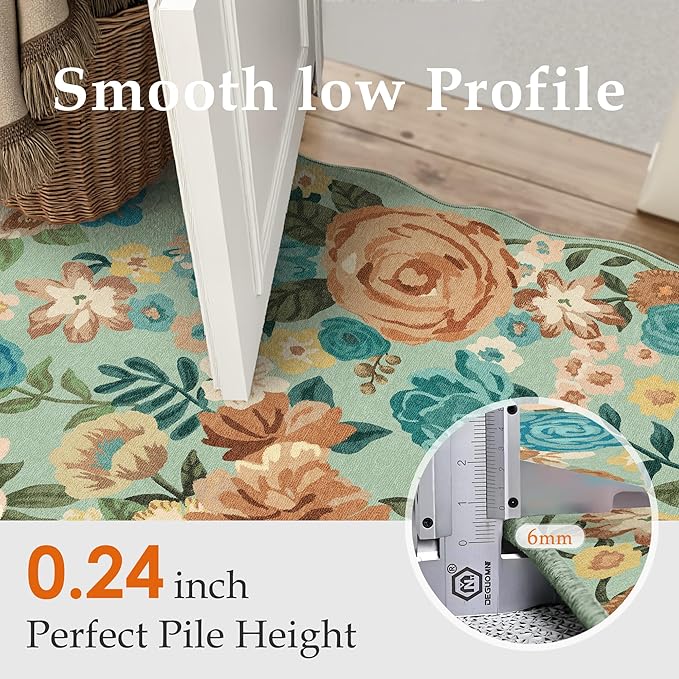 Washable Floral Runner Rug 2x6 Green Hallway Carpet Scalloped Flower Non Slip Soft Long Kitchen Runner Farmhouse Low Pile Thin Indoor Floor Cover for Bathroom Bedroom Laundry Room Entryway
