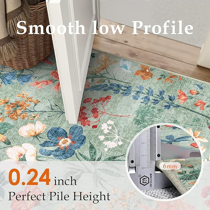 Floral Runner Rug 2x8 Washable Hallway Long Green Bedroom Carpet Non Slip Indoor Boho Kitchen Low Pile Accent Rug Lightweight Soft for Bathroom Dining Laundry Living Room