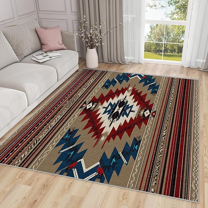 Navajo Washable Rugs - 5x8ft - Southwestern Tribal Ethnic Rustic Cabin Rugs for Living Room Non Slip Low Pile Area Rug for Bedroom, Navajo Carpets Room Decor & Gifts