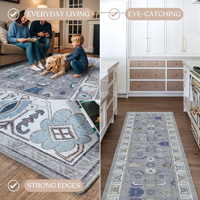 Fame Living Grey Oushak Rug, Modern Rugs, Vintage, Turkish, Eclectic, Floral, Pastel, Washable, Small Throw, Accent Area Rug for Living Room, Bedroom, Kitchen, Bathroom, 2'5"x4'9